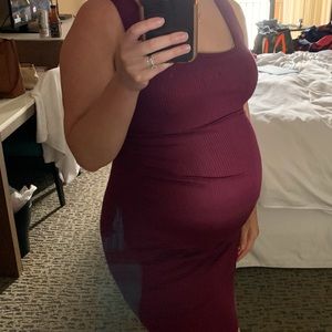 Burgundy Ribbed Ruched Sleeveless Maternity Dress